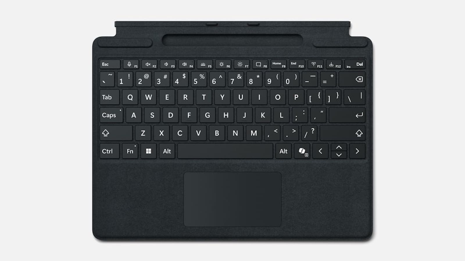 A black keyboard cover with an integrated trackpad for a tablet, shown from a top-down perspective.