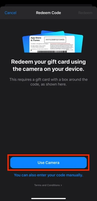 redeeming an apple gift card on the app store using the camera option.