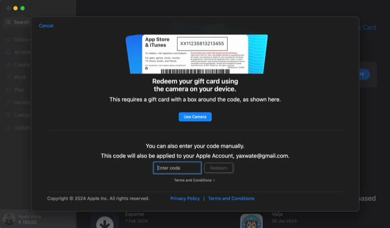 redeeming an apple gift card on a mac manually.