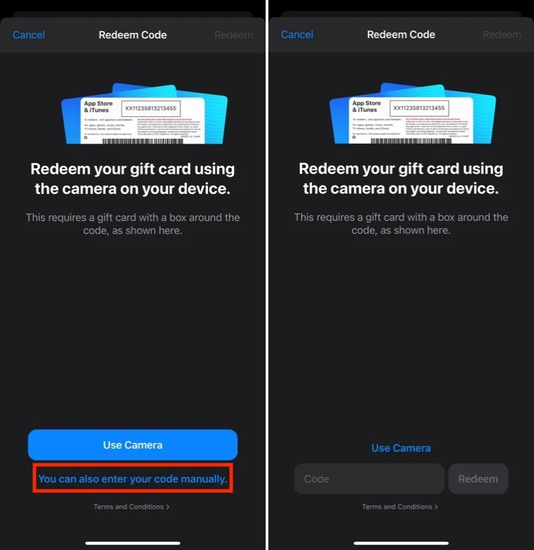 redeem an apple gift card on iphone by entering the code manually.