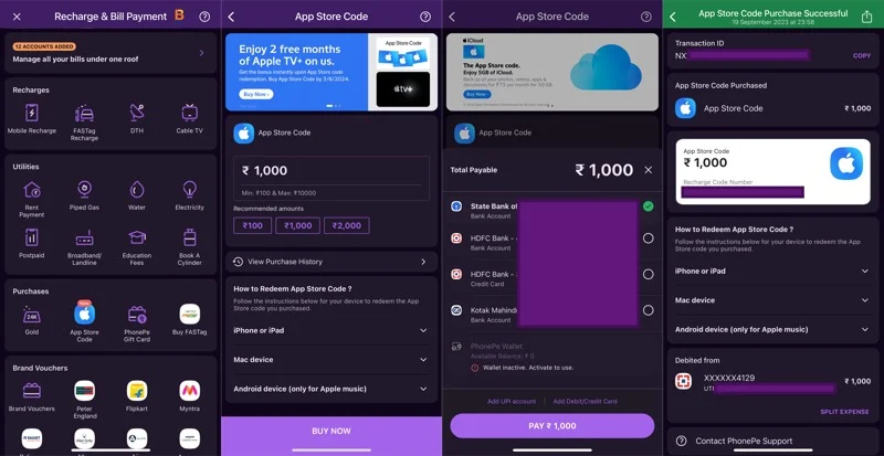 buying an apple gift card from phonepe in india.