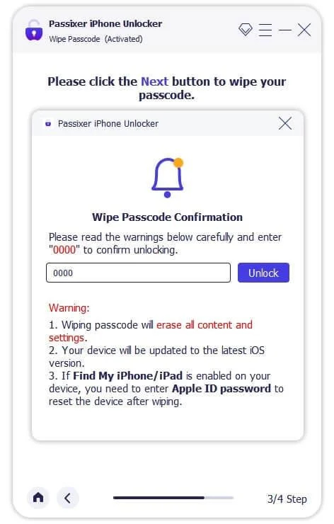 wipe passcode confirmation