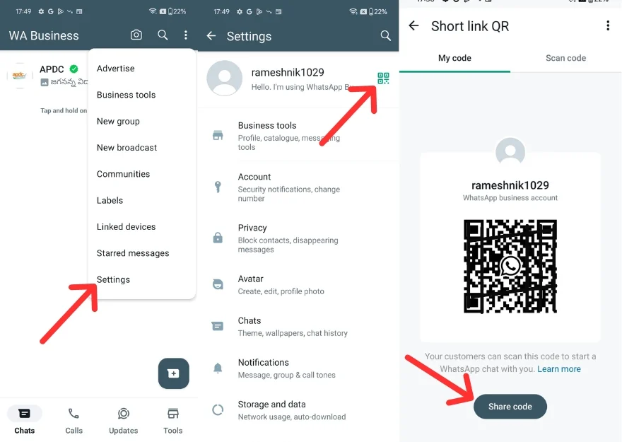 share whatsapp code on android