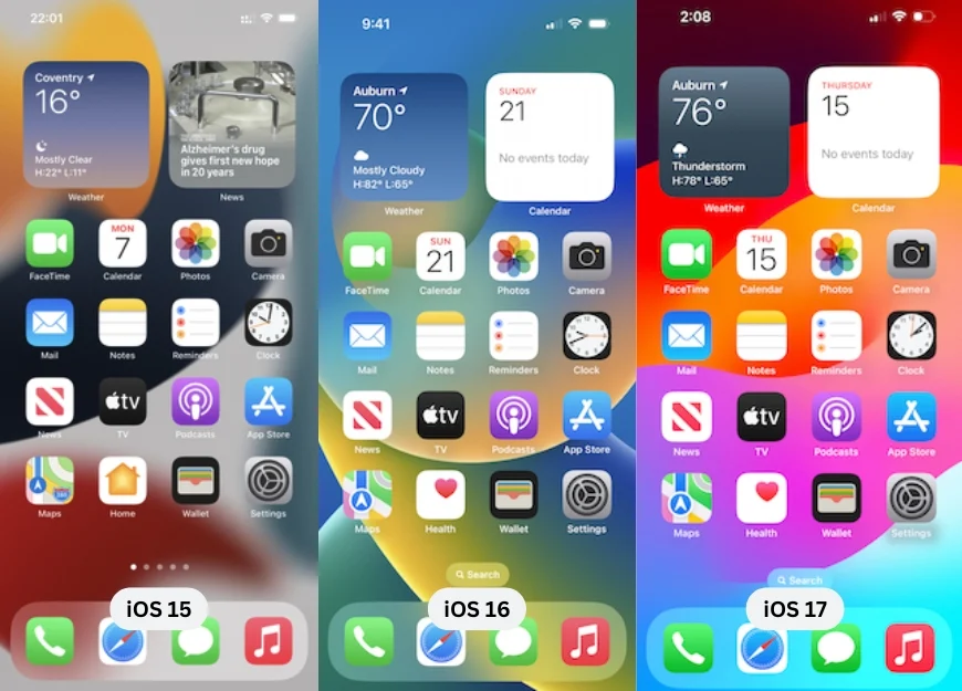 ios 15 vs ios 16 vs ios 17 home screen comparision