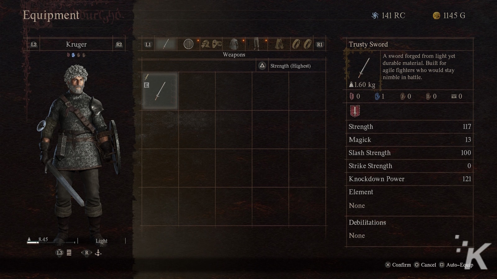 Screenshot of an in-game equipment menu from a role-playing game, featuring a character named "kruger" in medieval armor holding a sword and shield, alongside an inventory interface displaying a selected "trusty sword" with its stats and description.