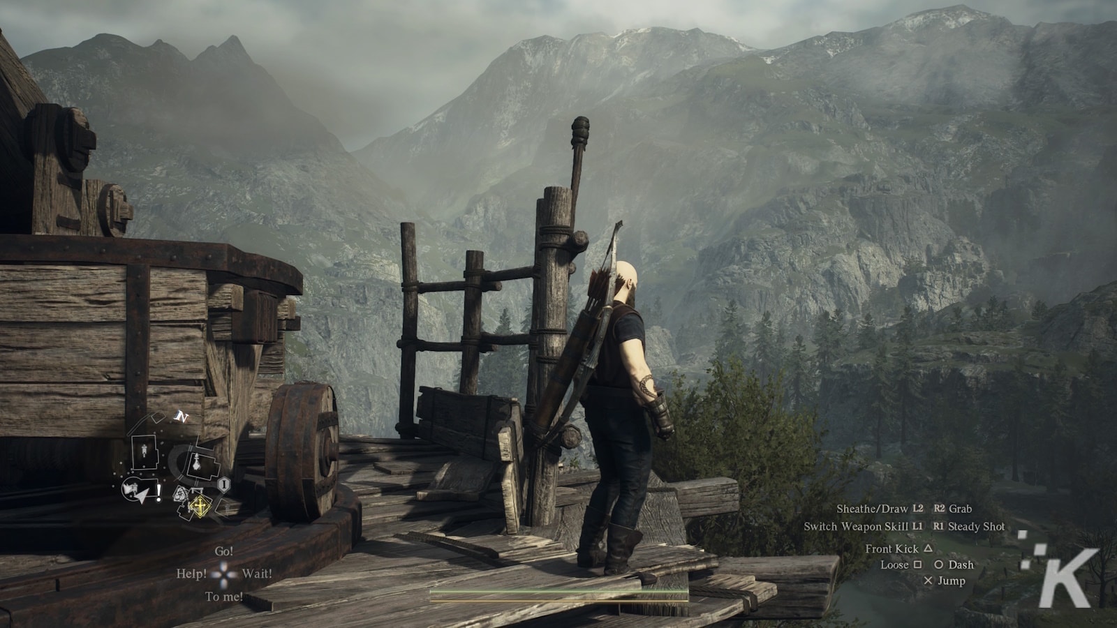 A character with white hair and a leather outfit stands on a wooden platform overlooking a mountainous landscape in a video game, with control prompts visible on the screen.