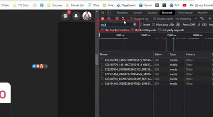 Filtre as solicitações de rede para “MP4” para localizar o arquivo de vídeo.