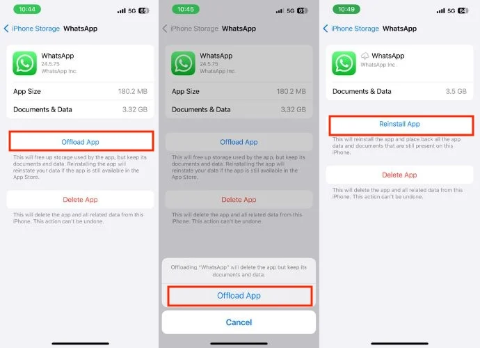 offload and reinstall whatsapp