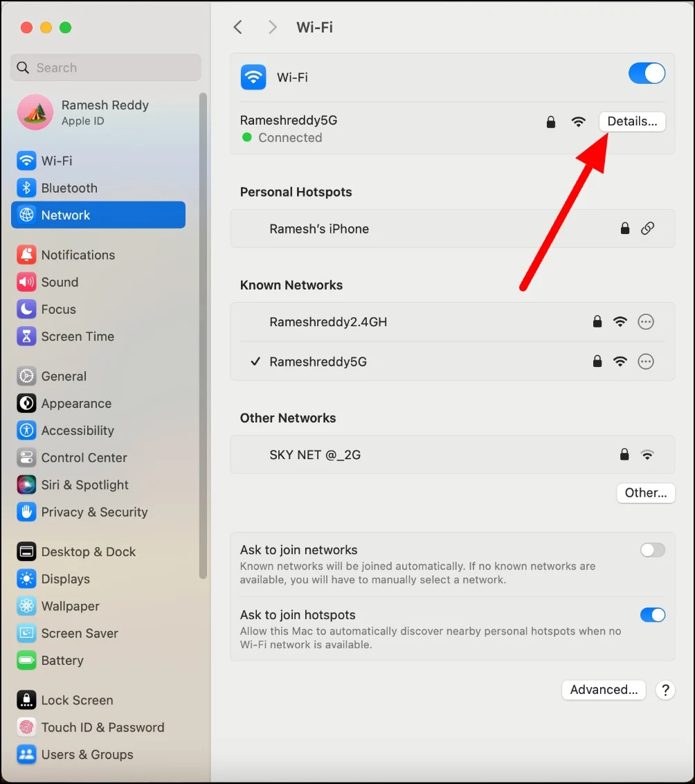 details of the network connection on mac