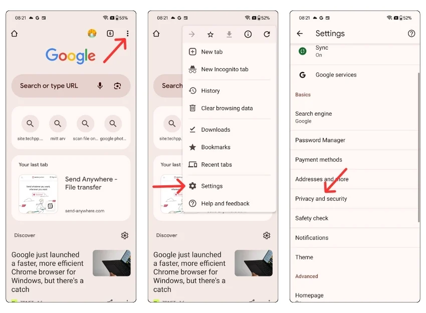 google chrome android settings privacy and policy