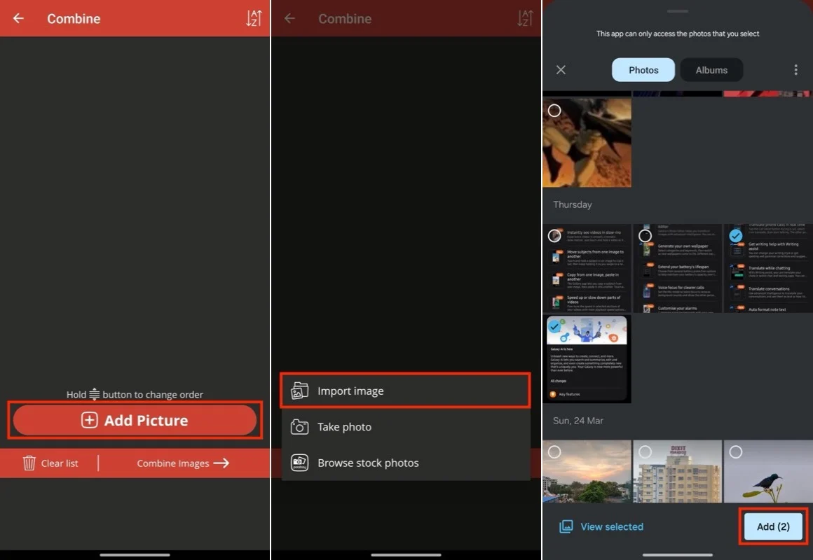 selecting photos to combining them in the image combiner & editor app.