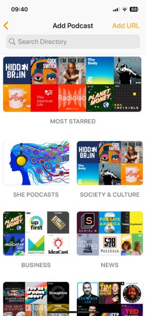 Recherche de podcast et ajout d'un écran ouvert sur l'application de podcast Overcast iOS