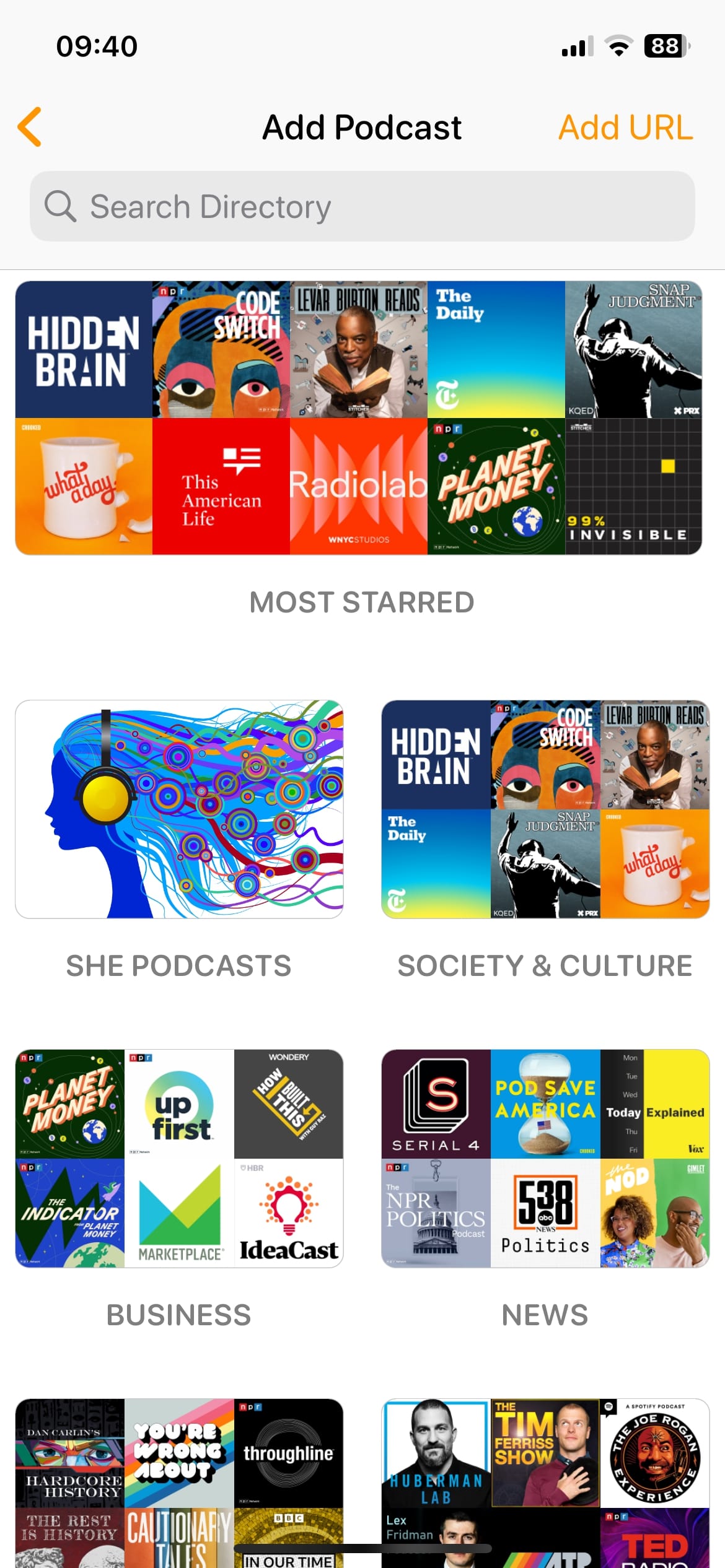 Pencarian podcast dan tambahkan layar terbuka di aplikasi podcast iOS Overcast