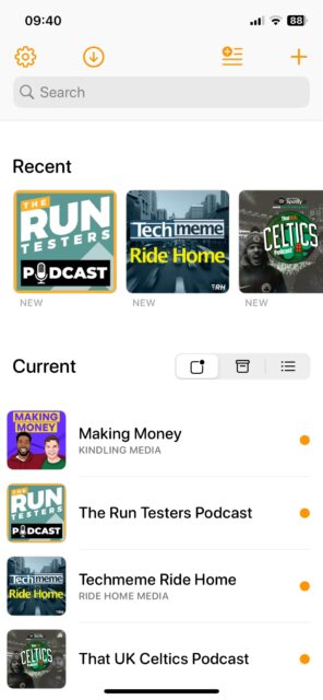 Liste des abonnements aux podcasts sur l'application de podcast Overcast iOS