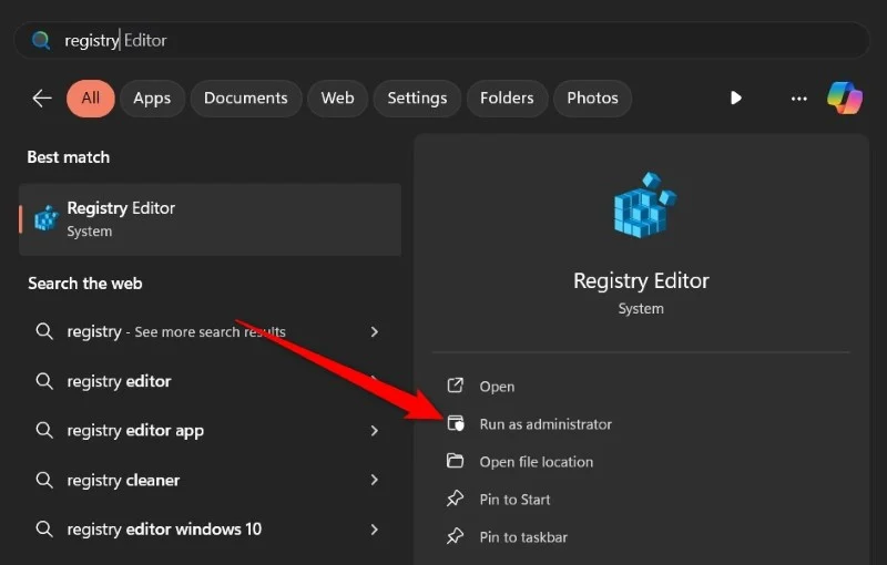 registry editor run as admin windows 11