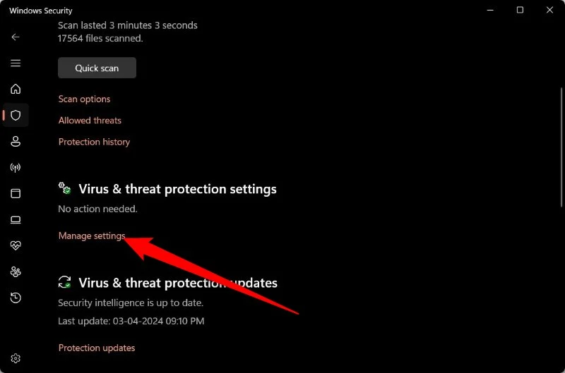 manage virus and threat protection settings