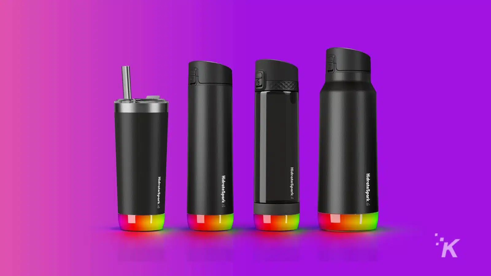 최고의 피트니스 기술 및 액세서리(2024) Hidratespark smart water bottles on purple background