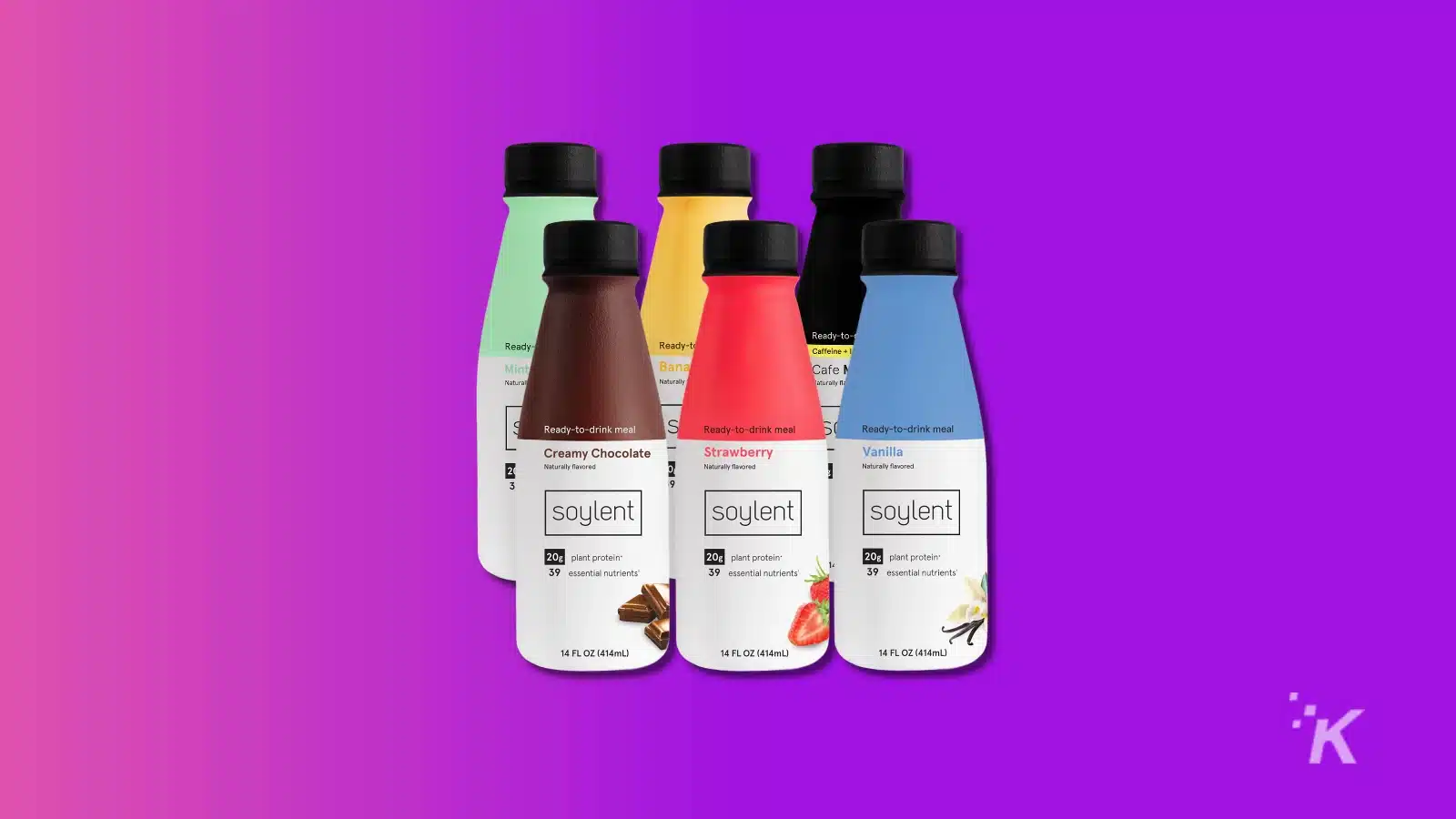 Soylent bottles on purple background