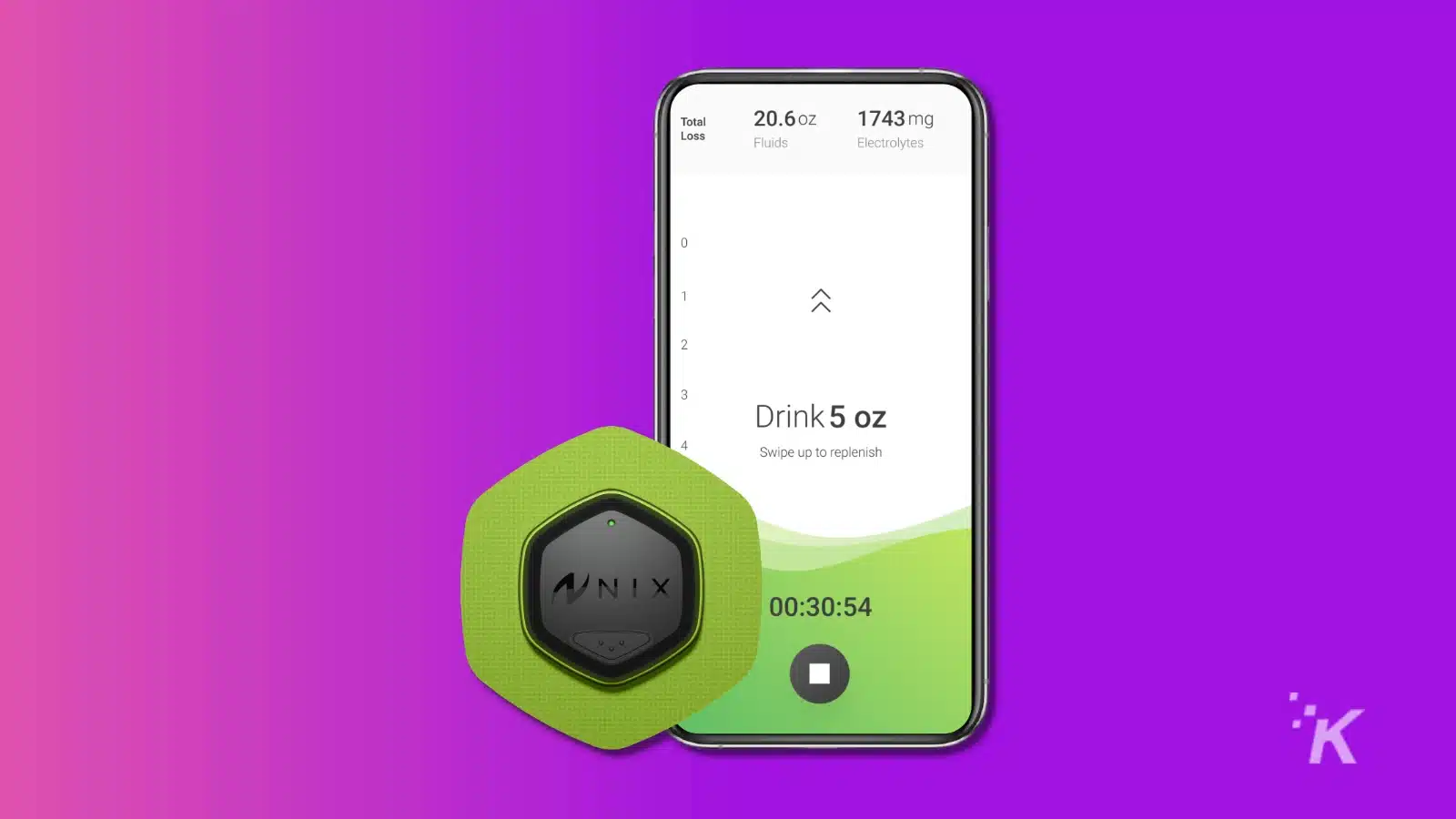 최고의 피트니스 기술 및 액세서리(2024) Nix hydration sensor and app on purple background