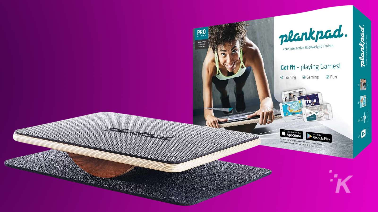 A balance board named "plankpad" on a purple background with a packaging box to the right showing the product as an interactive bodyweight trainer. An image on the box features a person exercising with the product, and app illustrations indicating gaming and training functions.