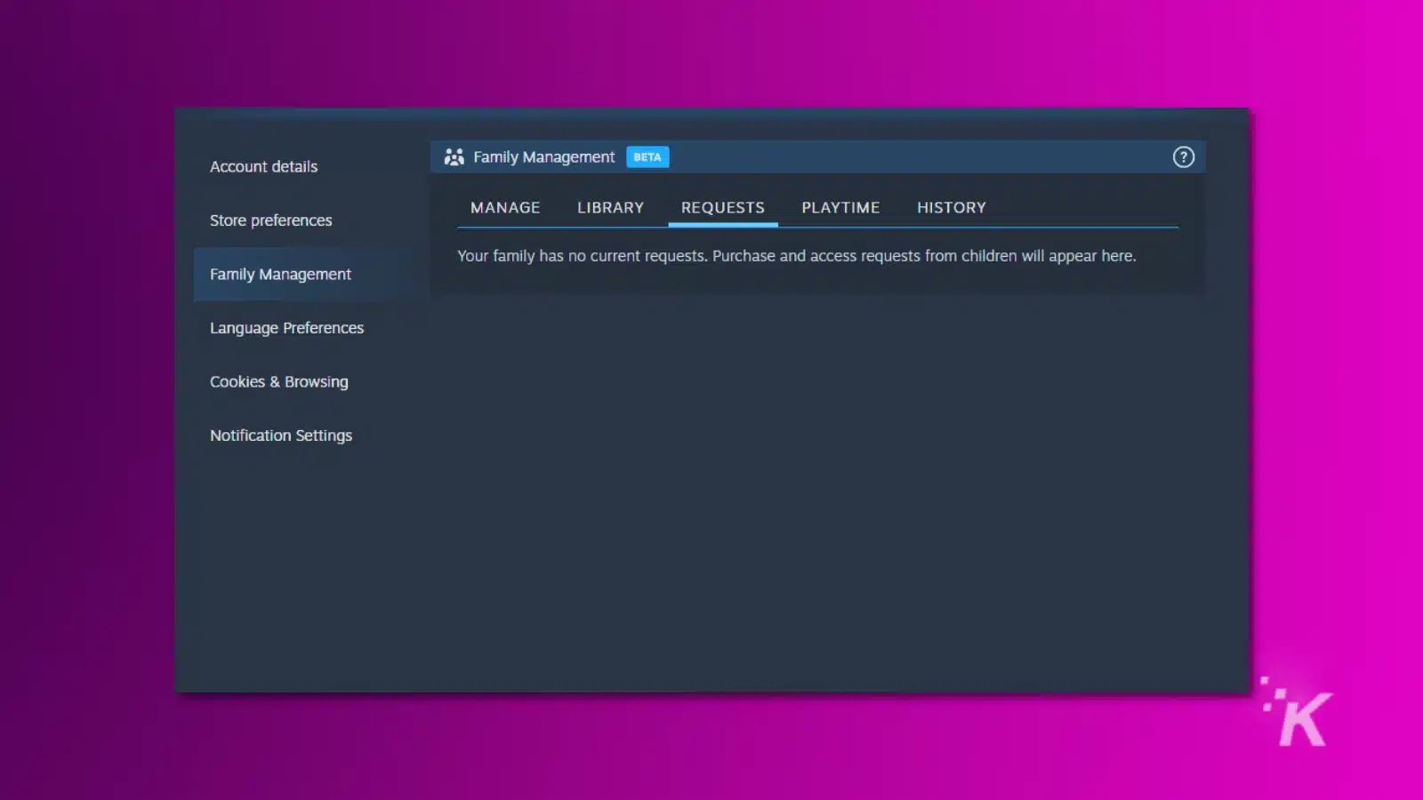 Steam ファミリーを使用してゲームを共有する方法 Screenshot of steam families parental controls tab for managing child requests
