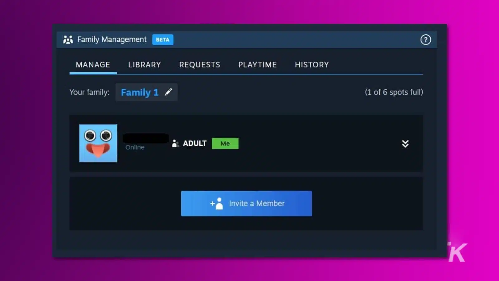 Steam ファミリーを使用してゲームを共有する方法 Screenshot of steam's family sharing management settings