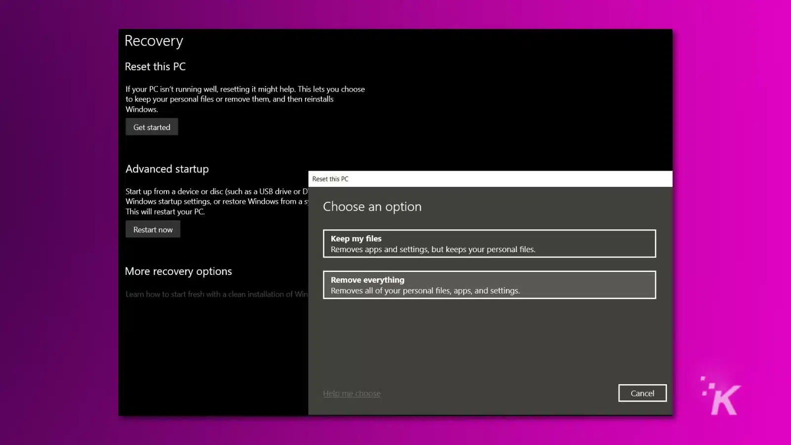 cara mengembalikan pembaruan windows Screenshot of windows 11 recovery option for reset this pc