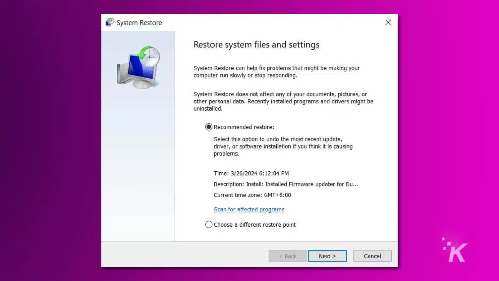 cara mengembalikan pembaruan windows Screenshot of windows system restore menu