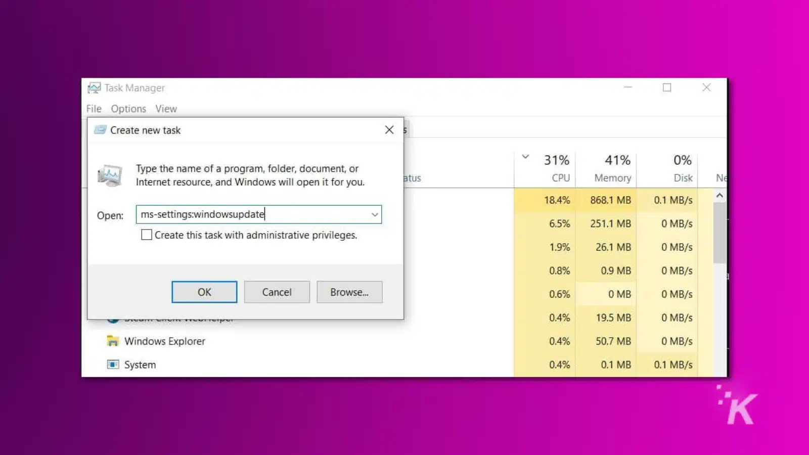 Screenshot of windows task manager showing the command to roll back a windows update