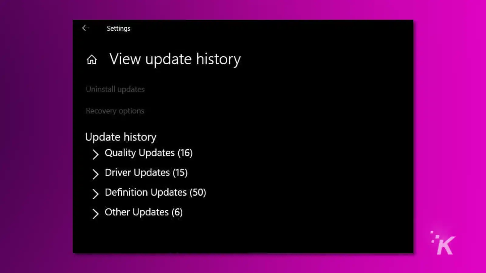 cara mengembalikan pembaruan windows Screenshot of windows 10 settings menu showing windows update history