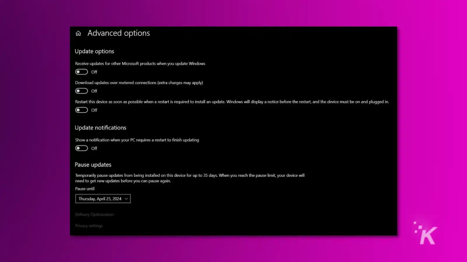 cara mengembalikan pembaruan windows Screenshot of windows 11 update options for pausing automatic updates