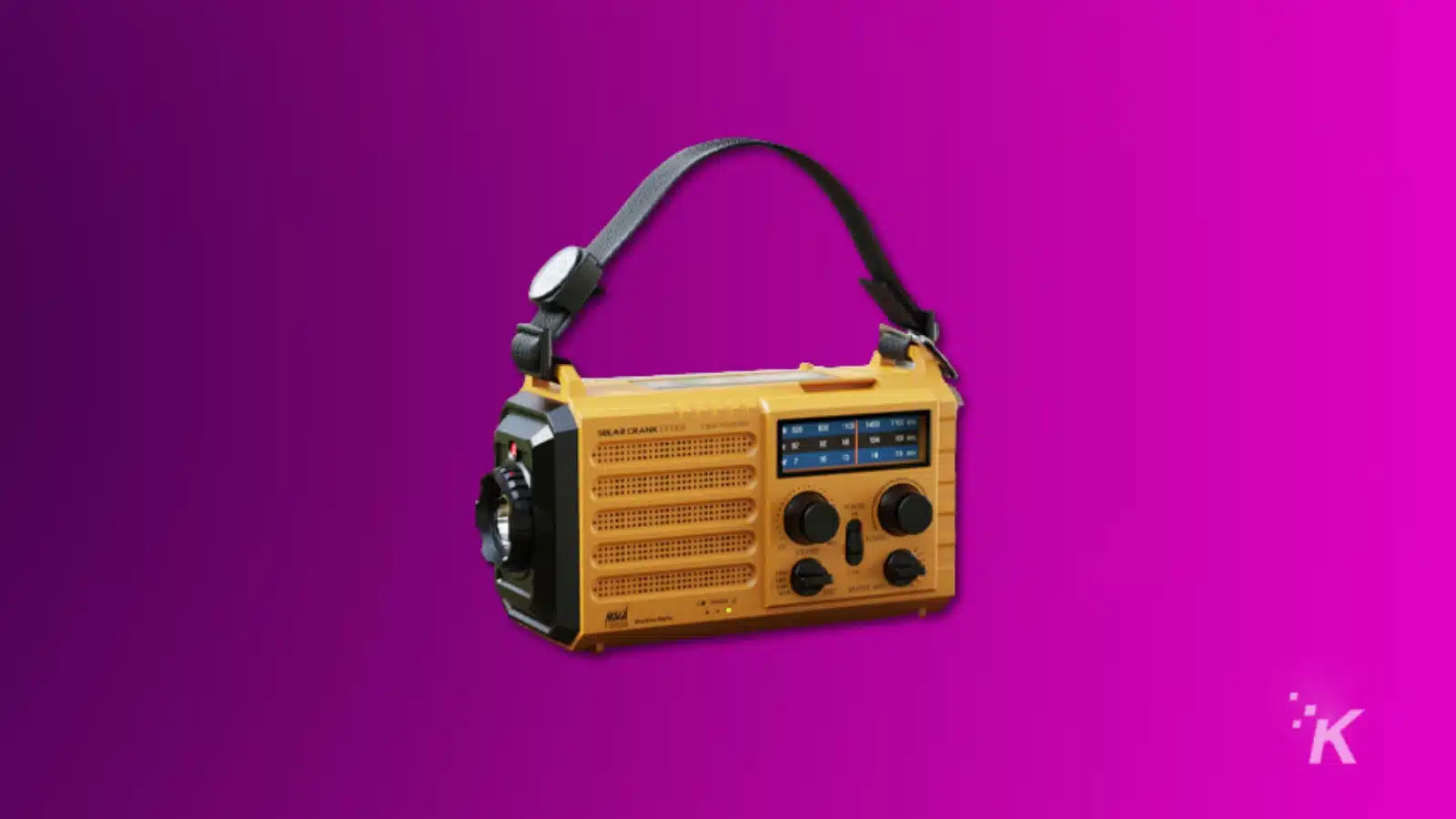 เทคโนโลยีการเอาตัวรอดที่ดีที่สุด (2024) Render of a raynic hand crank radio on a purple background