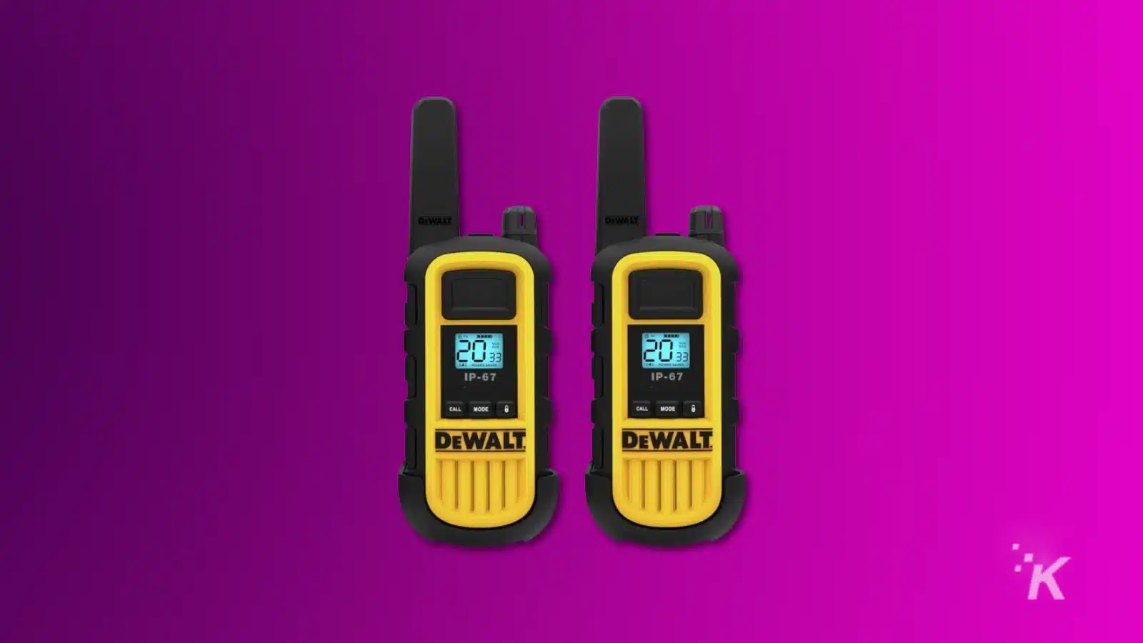 เทคโนโลยีการเอาตัวรอดที่ดีที่สุด (2024) Render of two dewalt walkie talkies on a purple background