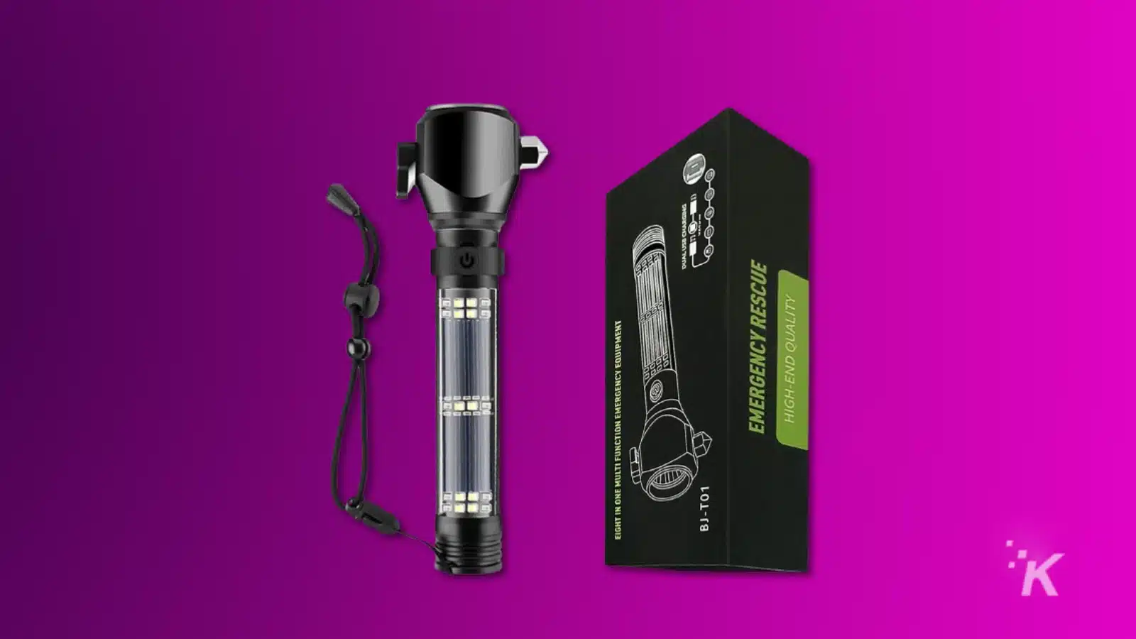 Render of a serjur multifunction flashlight and box on a purple background