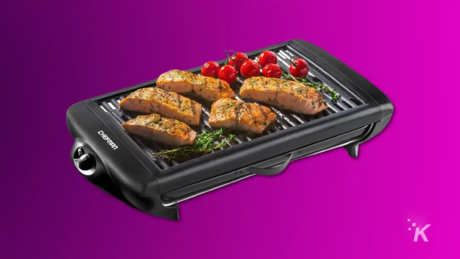 Render of a chefman electric grill cooking food on a purple background