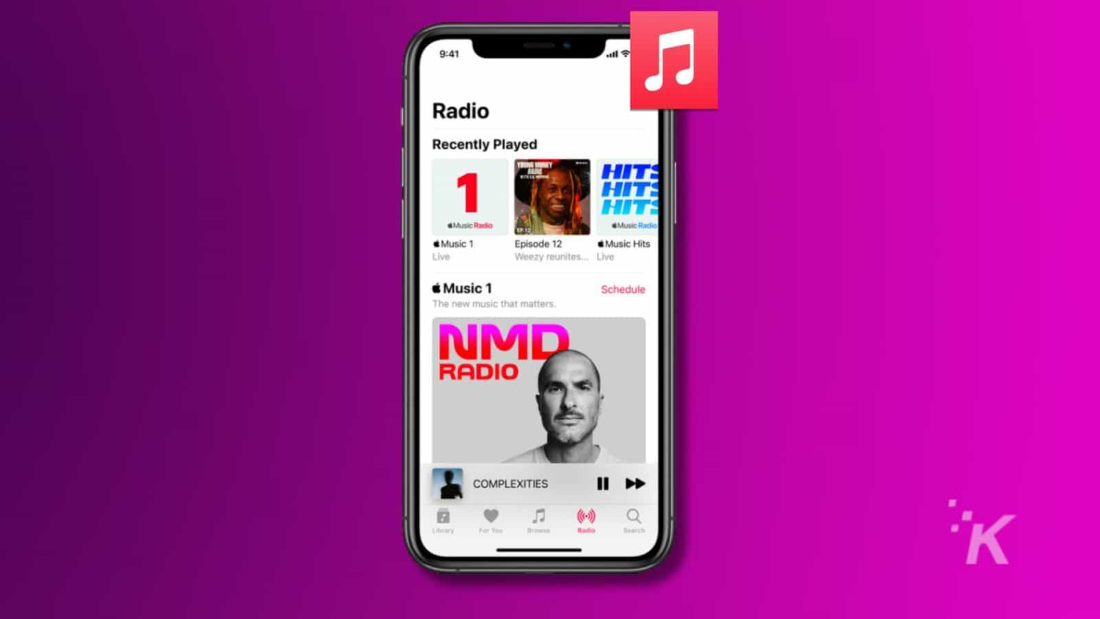 This image is showing apple music's radio station's schedule of recently played music and upcoming shows, as well as a library of music available for listeners to browse.