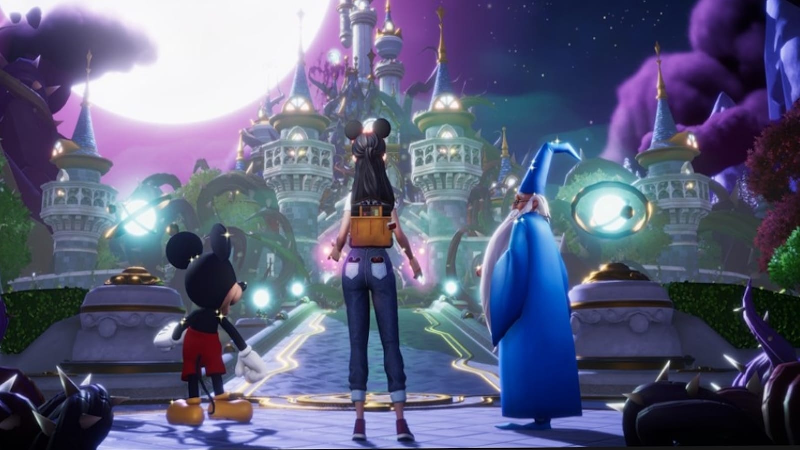 如何在 Xbox 系列 x|s 上設定家長控制 A character with black hair and a backpack stands facing a fantastical castle alongside animated characters mickey mouse and a wizard with a blue hat and robes, under a purple sky.