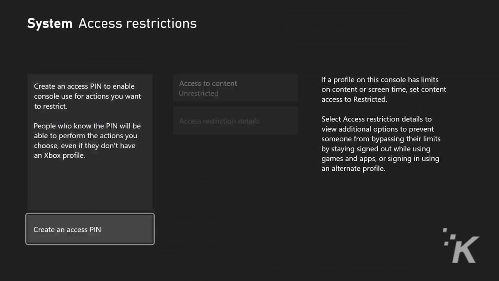 System access restrictions xbox settings