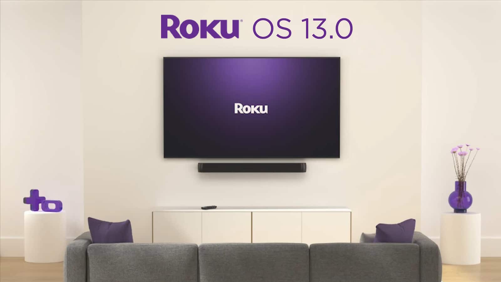 Roku tv on wall with os 13. 0 above