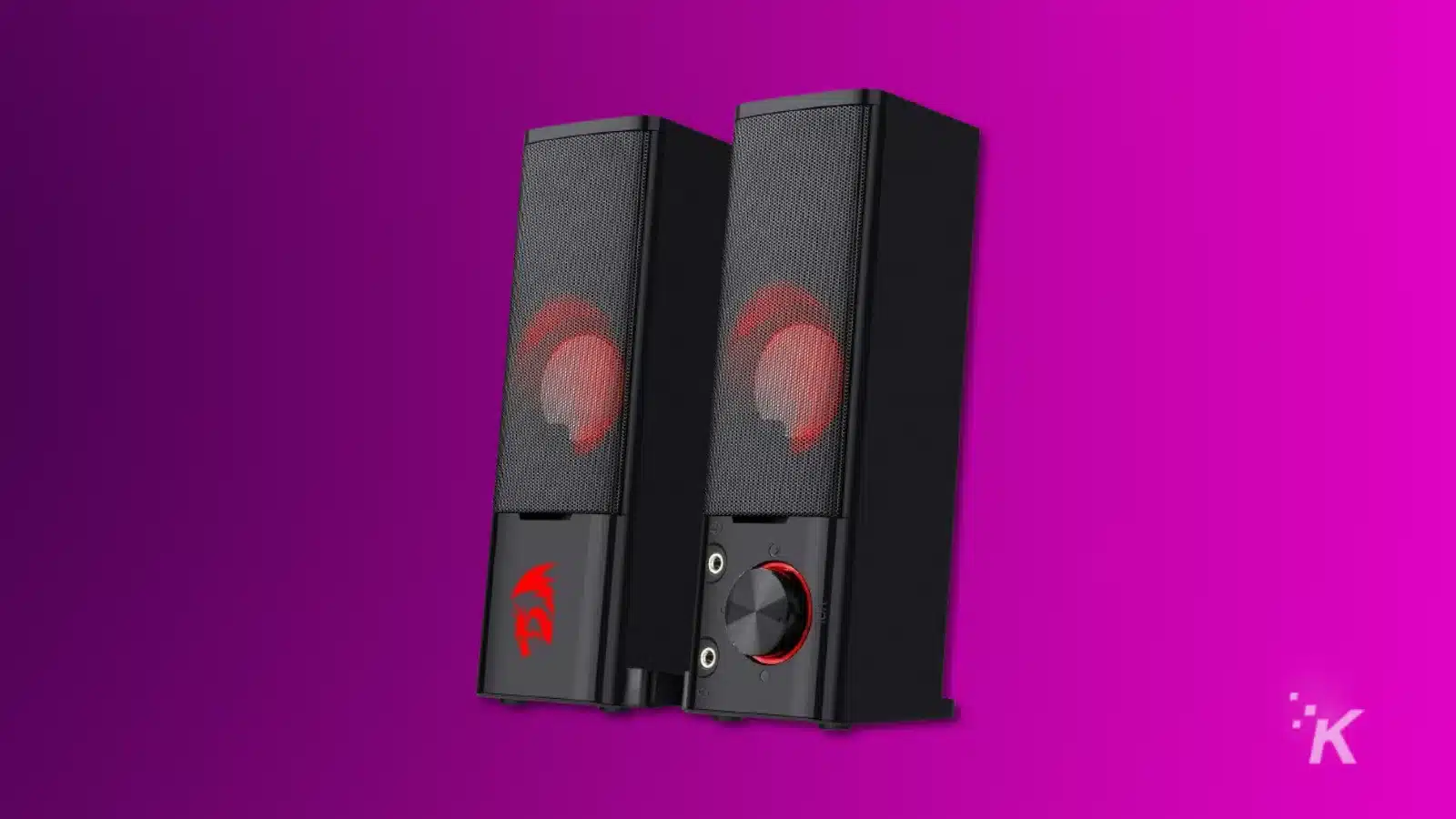 Render of redragon g550 gaming speakers on a purple background