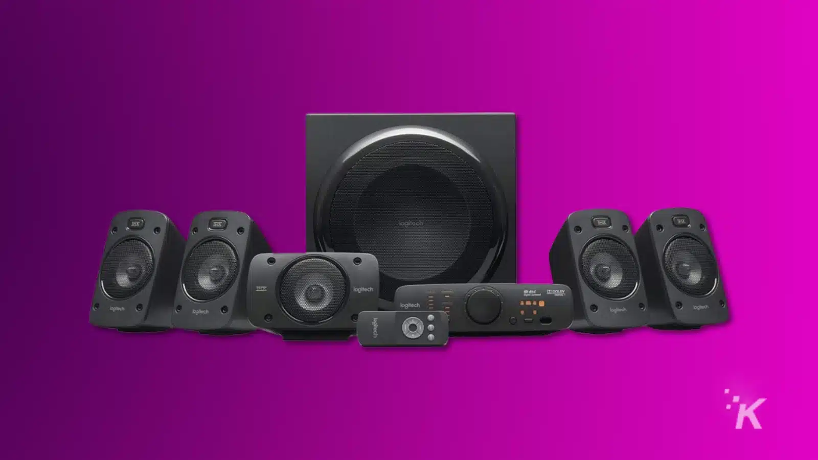 Render of the logitech g906 surround sound system on a purple background