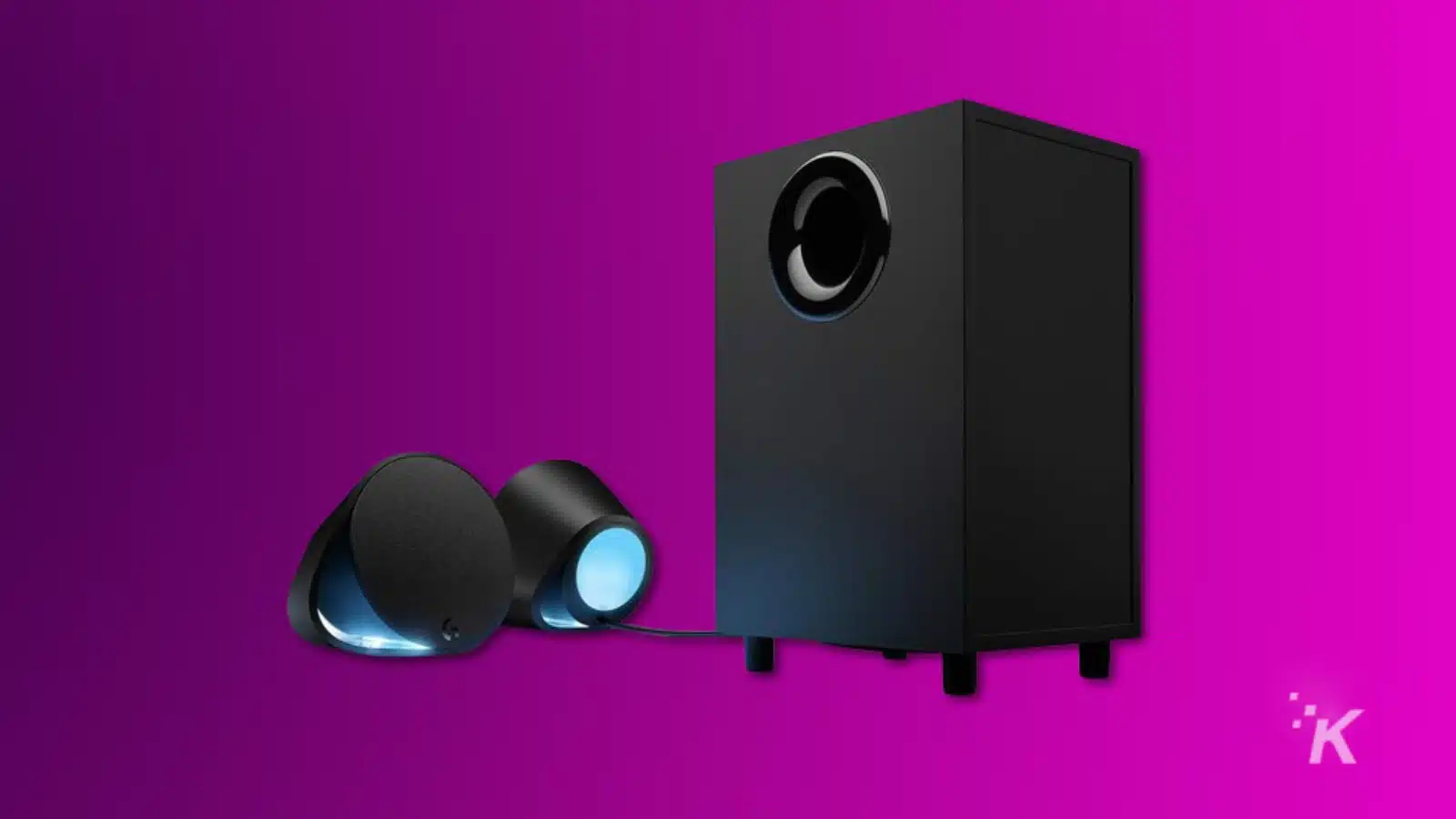 Render of logitech g560 gaming speakers and subwoofer on a purple background