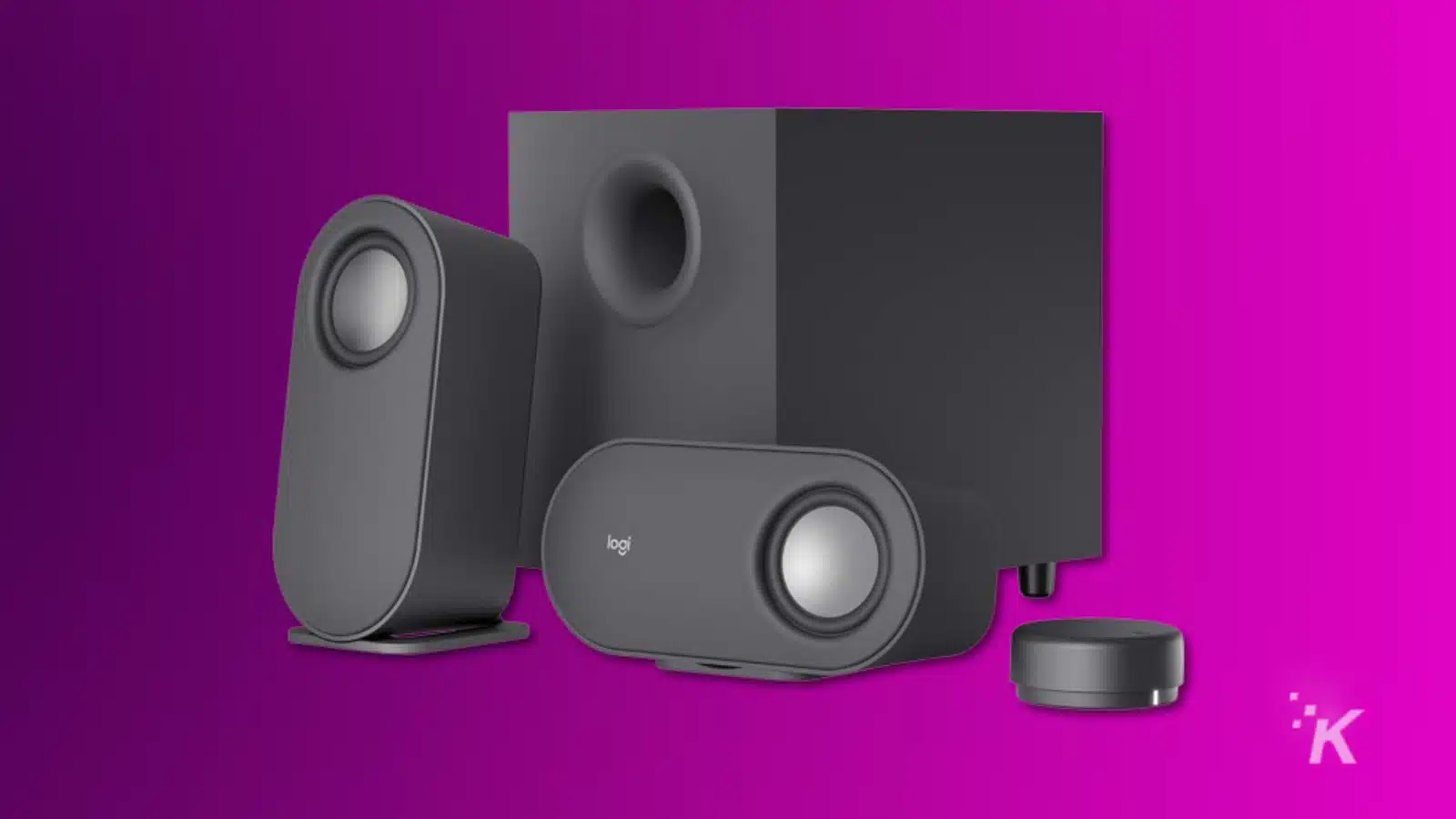 Render of logitech z407 gaming speakers on a purple background