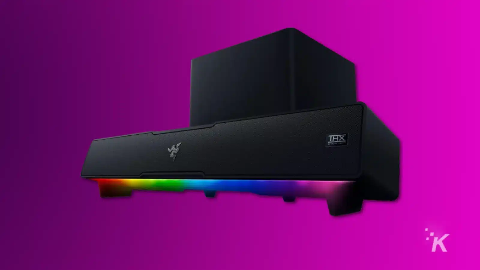 i migliori altoparlanti da gioco (2024) Render of razer leviathan v2 gaming soundbar on a purple background