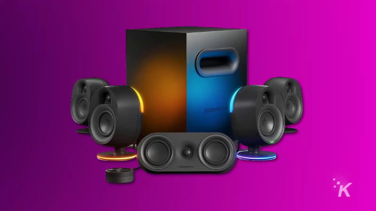 Render of the steelseries arena 9 wireless gaming speakers on a purple background