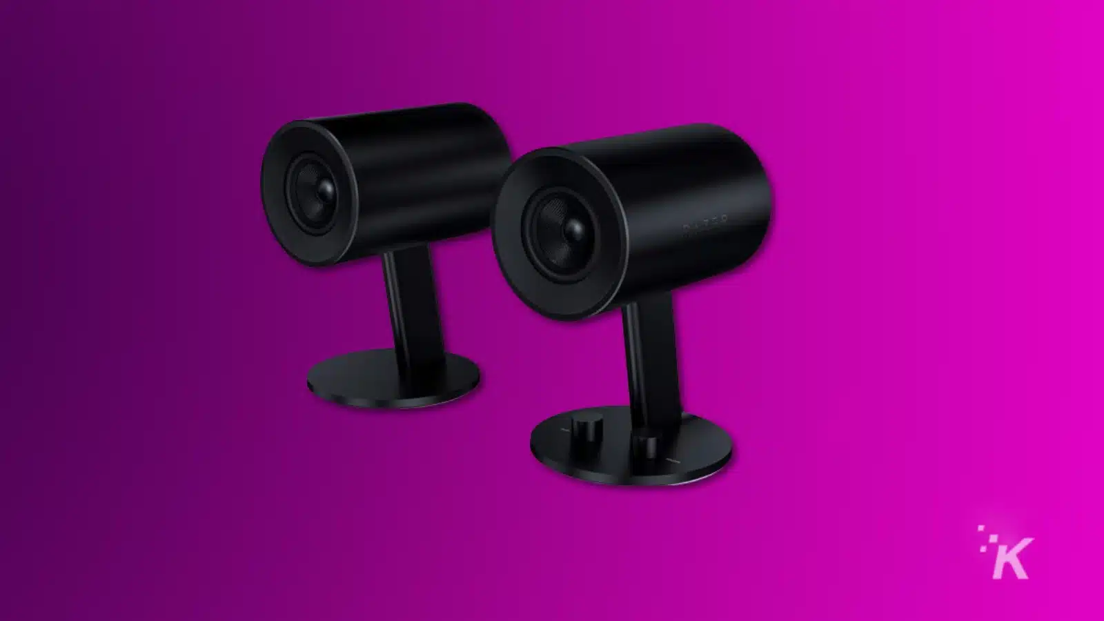 i migliori altoparlanti da gioco (2024) Render of razer nommo chroma speakers on a purple background