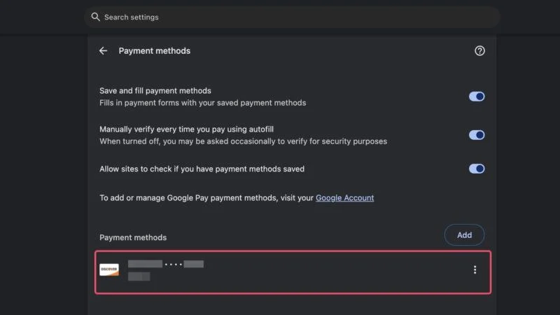 saved payment methods in chrome