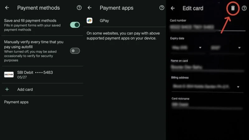 delete saved payment methods on mobile