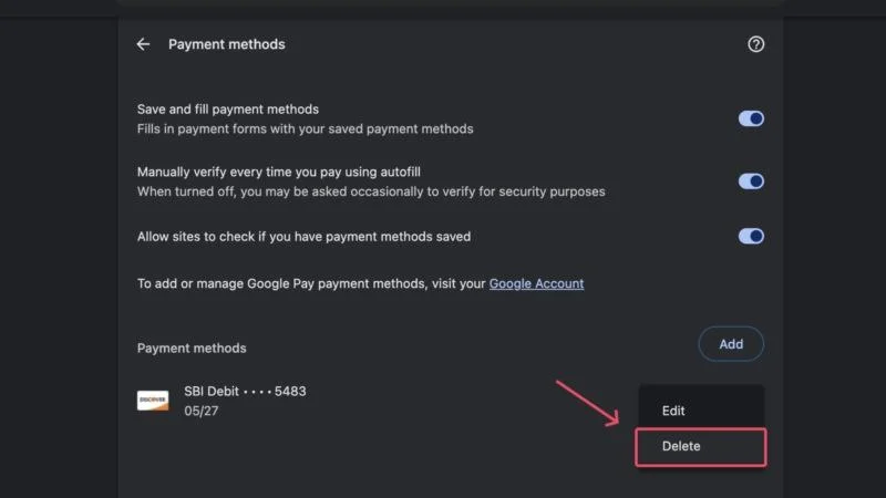 delete saved payment method in chrome