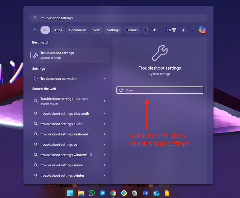 open troubleshoot settings